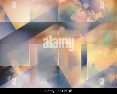Bunte Wolken vermischen sich mit transparenten geometrischen Formen Stockfoto