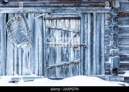 Finnland, Lappland, Muonio, Keimiöniemi, Fischerhut, Detailtür Stockfoto