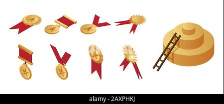 Goldmedaillen, Auszeichnungen und Treppenaufgang, die zum ersten Platz auf isometrischer Abbildung des Sockels führen. Sieg, professionelle und sportliche Leistungen, Persistenz und Erfolgsvektorkonzept. Stock Vektor