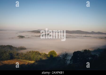 Dichter Nebel über den Bergen Stockfoto