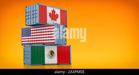 Frachtcontainer mit Nationalflaggen Kanada, USA und Mexiko - NAFTA Nordamerika Freihandelsabkommen - 3D-Rendering Stockfoto