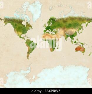 Planisphere der Welt ultra definiert mit Antarktis, Papiereffekt und Peeling-Putz. Physische Karte der Welt. Hand gezogen Stockfoto