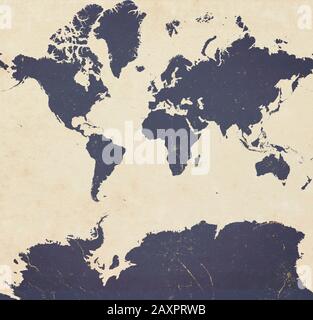 Planisphere der Welt ultra definiert mit Antarktis, Papiereffekt und Peeling-Putz. Stockfoto