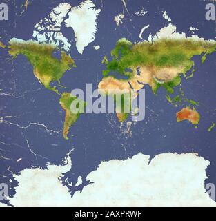 Planisphere der Welt ultra definiert mit Antarktis, Papiereffekt und Peeling-Putz. Physische Karte der Welt. Hand gezogen Stockfoto