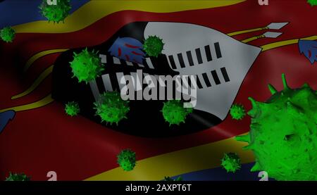 3D-Animation von Swasiland wehende Flagge mit Greemviren (Coronavirus Konzept) Stockfoto