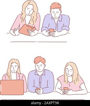 Leute mit Gadgets in handgezeichneter Doodle-Art. Stock Vektor