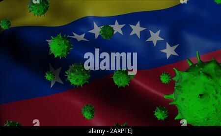 3D-Animation der Flagge Venezuelas mit Greemviren (Coronavirus Konzept) Stockfoto