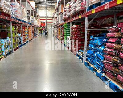 Orlando, FL/USA-2/11/20: Der Heimtier-Gang in einem Sams Club, der für Tierbesitzer bereit ist, Taschen mit Lebensmitteln und Leckereien für ihre Haustiere zu kaufen. Stockfoto