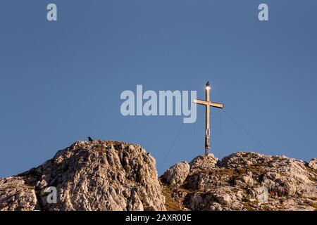 Gipfelkreuz der Linderspitze mit Alpensohlen Stockfoto