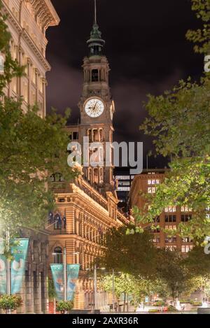 Blick auf Martin Place zwischen zwei Bäumen zum Sydney General Post Office (GPO) und seinem historischen beleuchteten Uhrturm in der Nacht. Stockfoto