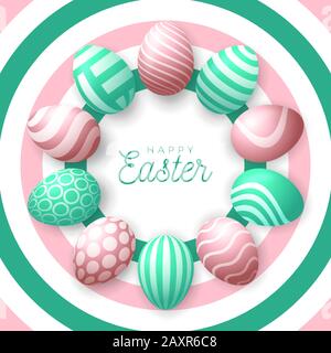 Oster-Ei-Banner. Osterkarte mit im Kreis gelegten Eiern, grünen und rosengold verzierten Eiern auf frischen modernen Hintergründen. Vektorgrafiken. Platz Stock Vektor