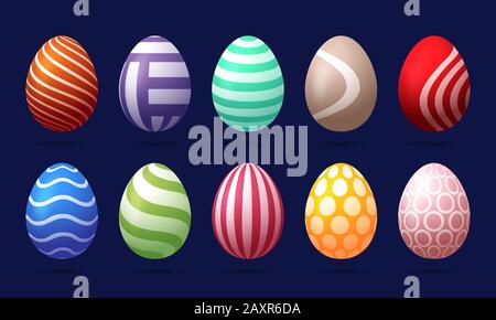 10er-Set mit Ostereiern mit Muster. Designelemente für Ferienkarten. Ostersammlung mit unterschiedlicher Textur. Farbenfroh, glänzend und realistisch Stock Vektor