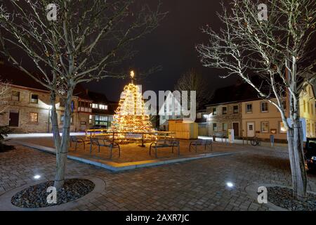 Viehmarkt, blaue Stunde, Weihnachtsbaum, Hammelburg, Fränkisches Saaletal, Bayern, Unterfranken, Deutschland, Stockfoto