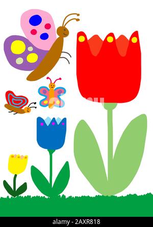 Naive Illustration, Kinderzeichnung, Schmetterlinge auf der Blumenwiese, Deutschland, Europa Stockfoto