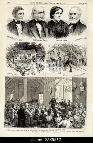 1880, USA: Porträt der amerikanischen Schriftstellerin und Romanautorin LOUISA MAY ALCOTT (* zwischen 1.820 und 1.880 ) mit seinem Vater, dem Erzieher, Lehrer, Schriftsteller, Philosoph, Der Reformator AMOS BRONSON ALCOTT (* um 98-3], der Dichter und Verfechter der Abschaffung der Sklaverei JOHN Greenleaf WHITTIER (* um 150-2] und der gefeierte Philosoph und Dichter RALPH WALDO EMERSON (* um 100-2] . Am bekanntesten ist sie für den Roman Kleine Frauen ( PICCOLE DONNE ), der im Jahre 1865 veröffentlicht wurde. Dieser Roman basiert lose auf ihren Kindheitserlebnissen mit ihren drei Schwestern . Auf dieser Seite Gravur der amerikanischen Illustrierten Zeitschrift F Stockfoto