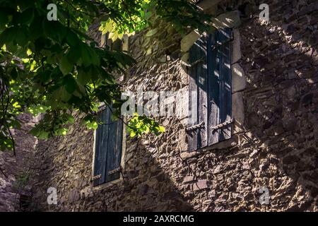 Steinmauer und Fenster im Weiler Rouvigno bei Roquebrun. Kastanienbaum. Das Hotel befindet sich im regionalen Naturpark Haut-Languedoc. Stockfoto