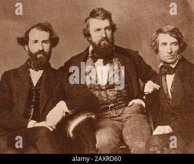 1860 Ca, USA: Der amerikanische Maler Henry Peters GRAY (* um 187 in der Mitte dieses Fotos, mit zwei anderen befreundeten Künstlern: Dem Bildhauer Henry Kirke BROWN (* um 182) und dem Maler Asher Brown DURAND (rechts) (* 1796, * um 1882-3) . - KUNST - ARTI VISIVE - ARTE - Francia - PORTRÄT - RITRATTO - GESCHICHTE - FOTO STORICHE - Kragen - Colletto - Krawatte - fiocco - cravatta - Amici - Freunde - Bart - Barba - Gilet - Archivio GBB Stockfoto