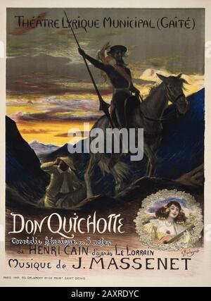 1910 , Paris , FRANKREICH : Der französische Maler Georges-Antoine Rochegrosse (* 1859 in Paris; † 1938 in Paris). Plakat für die Opernmusik-Aufführung VON DON QUICHOTTE, Libretto des Dichters Henri Cain aus einem Roman von Le Lorrain, Musik des Komponisten Jules Massenet . - KUNST - ARTI VISIVE - ARTE - Francia - PORTRÄT - RITRATTO - GESCHICHTE - FOTO STORICHE - Frontspizio - Illustration - Poster pubblicitario - locandina - Don Chisciotte -- Archivio GBB Stockfoto