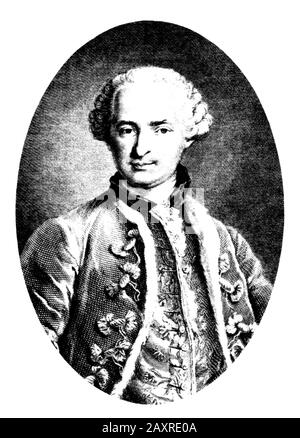 1.750 Ca, FRANKREICH: Der geheimnisvolle französische, selbstbetitelte Graf de SAINT Germain (* 1710 ca. - 1710 in Paris; † um 1710 in Paris) war ein europäischer Abenteurer, der sich für Wissenschaft, Alchemie und Kunst interessierte. Eingraviert Porträt von der Vorlage von Nicolas Thomas aus dem Jahr 1783, nach einem Gemälde, das damals im Besitz der Marquise d'Urfé war und heute verloren ist, zu der Zeit in den Louvre Galerien in Frankreich enthalten. - ALCHIMISTA - ALCHIMIA - ALCHIMISMO - Conte - Elisir di lunga vita - OCCULTO - OCCULTISTA - OCCULTISMO - OKKULTISMUS - OKKULTISMUS - MISTERO - MYSTERY - GESCHICHTE - FOTO STORICHE - Magia - Magic - MAGO - MAGO - Portait - Ritratto - Gravur - Incisi Stockfoto