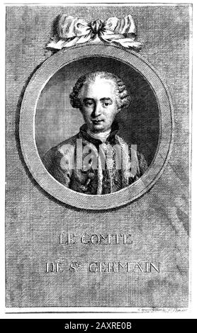 1.750 Ca, FRANKREICH: Der geheimnisvolle französische, selbstbetitelte Graf de SAINT Germain (* 1710 ca. - 1710 in Paris; † um 1710 in Paris) war ein europäischer Abenteurer, der sich für Wissenschaft, Alchemie und Kunst interessierte. Das gravierte Porträt des Originals von Nicolas Thomas aus dem XVIII. Jahrhundert, nach einem Gemälde, das sich damals im Besitz der Marquise d'Urfé befand und heute verloren ist, zu einem Zeitpunkt in den Louvre Galerien in Frankreich. - ALCHIMISTA - ALCHIMIA - ALCHIMISMO - Conte - Elisir di lunga vita - OCCULTO - OCCULTISTA - OCCULTISMO - OKKULTISMUS - OKKULTISMUS - MISTERO - MYSTERY - GESCHICHTE - FOTO STORICHE - Magia - Magic - MAGO - MAGO - Portait - Ritratto - Gravur Stockfoto