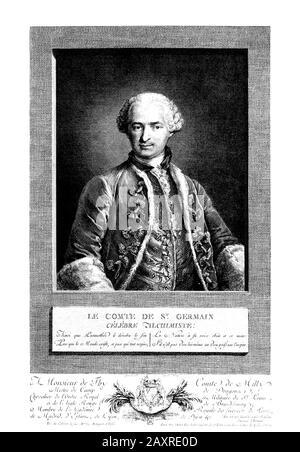 1.750 Ca, FRANKREICH: Der geheimnisvolle französische, selbstbetitelte Graf de SAINT Germain (* 1710 ca. - 1710 in Paris; † um 1710 in Paris) war ein europäischer Abenteurer, der sich für Wissenschaft, Alchemie und Kunst interessierte. Eingraviert wurde das Porträt von Nicolas Thomas aus dem Jahre 1783, nach einem Gemälde, das sich damals im Besitz der Marquise d'Urfé befand und nun verloren ging, zu einem Zeitpunkt in den Louvre Galerien in Frankreich. - ALCHIMISTA - ALCHIMIA - ALCHIMISMO - Conte - Elisir di lunga vita - OCCULTO - OCCULTISTA - OCCULTISMO - OKKULTISMUS - OKKULTISMUS - MISTERO - MYSTERY - GESCHICHTE - FOTO STORICHE - Magia - Magic - MAGO - MAGO - Portait - Ritratto - Parucrum - Gravur Stockfoto