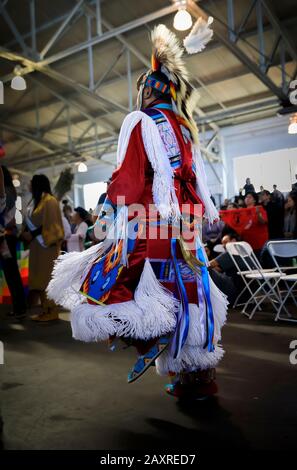 San Francisco, USA - 08. Februar 2020: Gebürtiger amerikanischer Inder in einem traditionellen Grastänzeroutfit mit einem Stachelschwein-Roach, der auf einem Pulwow tanzt Stockfoto