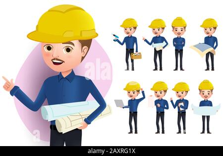 Vektorzeichen für Techniker festgelegt. Unternehmer oder professioneller Ingenieur-Charakter mit gelbem Helm im stehen, sprechen, Lesen und halten von Blaupausen. Stock Vektor