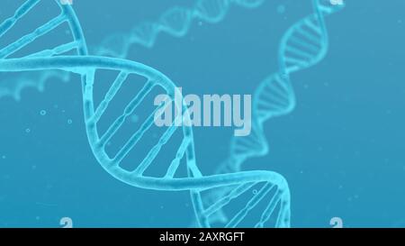 DNA-Helix-Molekül blau abstrakter Hintergrund. Mikroskopische Nahaufnahme der verdrehten Zelle. Genmodifikationswissenschaft und medizinisches Konzept. Stockfoto