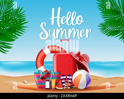 Vektorkonzept Sommersaison. Hallo Sommer Grußtext mit Sommerurlaub Reise-Elemente von Gepäck, Hut, Handy, Strandtasche, Sonnenbrille. Stock Vektor