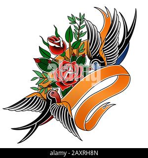 Schwalben und Rose mit Band Love Konzept traditionelle Tattoo-Design-Illustrationen Stockfoto