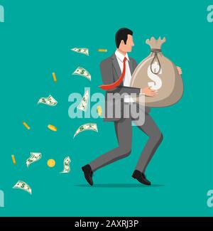 Geschäftsmann, der große Tasche voll Geld hält. Stock Vektor