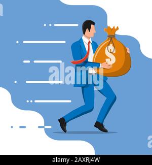 Geschäftsmann, der große Tasche voll Geld hält. Stock Vektor