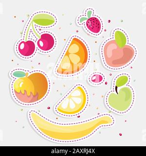 Cute cartoon Obst Kollektion. Süße Früchte Symbol, Sommer Obst Desserts auf weißem Hintergrund. Kirsche, Orange, Zitrone, Apfel und Erdbeere in Stock Vektor