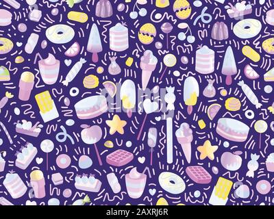 Süßes, nahtloses Muster mit bunten Süßigkeiten, Kuchen, Lollipops. Cartoon nahtloses Muster mit Süßigkeiten und süßem Dessert. Farbenfrohes süßes Muster mit Stock Vektor