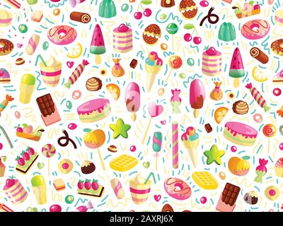 Süßes, nahtloses Muster mit bunten Süßigkeiten, Kuchen, Lollipops. Cartoon nahtloses Muster mit Süßigkeiten und süßem Dessert. Farbenfrohes süßes Muster mit Stock Vektor