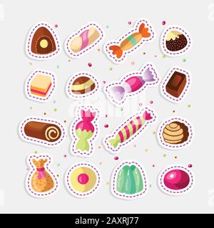 Süße cartoon Candy eingestellt. Sammlung von Süßigkeiten, Cartoon Stil. Gelee, Süßigkeiten, Kuchen, süße Krapfen und Marmelade. Riesige Menge von Cartoon doodle Form Bonbons Stock Vektor