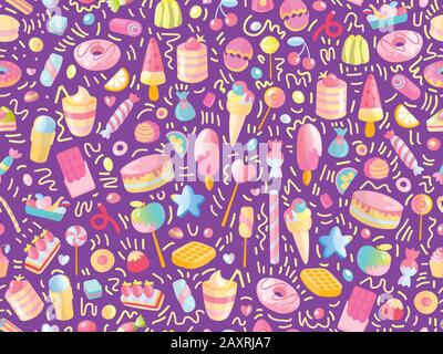 Süßes, nahtloses Muster mit bunten Süßigkeiten, Kuchen, Lollipops. Cartoon nahtloses Muster mit Süßigkeiten und süßem Dessert. Farbenfrohes süßes Muster mit Stock Vektor