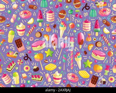 Süßes, nahtloses Muster mit bunten Süßigkeiten, Kuchen, Lollipops. Cartoon nahtloses Muster mit Süßigkeiten und süßem Dessert. Farbenfrohes süßes Muster mit Stock Vektor