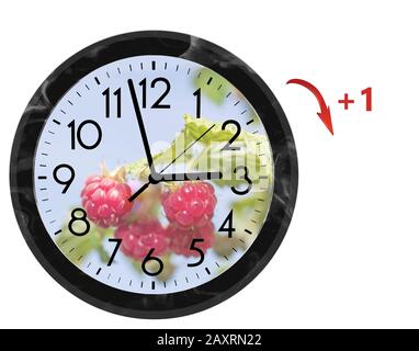 Sommerzeit (Sommerzeit). Wanduhr zur Sommerzeit (+1). Drehen Sie die Zeit nach vorn. Stockfoto