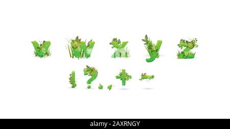 Schrift "grüne Blätter". Vektorgrafiken. Stilvolles Öko-Alphabet aus farbenfrohen tropischen Blättern, Büschen, Blumen und Naturelementen. Egologie und natürlich Stock Vektor