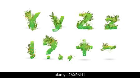 Schrift "grüne Blätter". Vektorgrafiken. Stilvolles Öko-Alphabet aus farbenfrohen tropischen Blättern, Büschen, Blumen und Naturelementen. Egologie und natürlich Stock Vektor