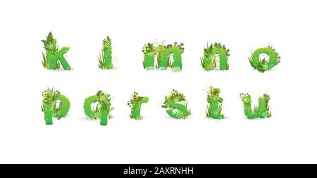 Schrift "grüne Blätter". Vektorgrafiken. Stilvolles Öko-Alphabet aus farbenfrohen tropischen Blättern, Büschen, Blumen und Naturelementen. Egologie und natürlich Stock Vektor