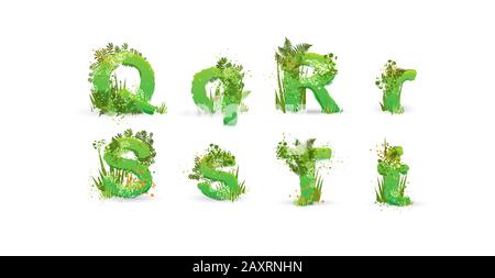 Schrift "grüne Blätter". Vektorgrafiken. Stilvolles Öko-Alphabet aus farbenfrohen tropischen Blättern, Büschen, Blumen und Naturelementen. Egologie und natürlich Stock Vektor