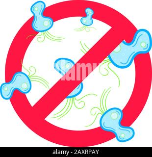 Stoppen Sie Viren und schlechte Bakterien oder Keimen prohobition unterzeichnen. Big Viren oder Edelsteine in die rote STOP-Verteidigung Kreis Flat Style Design Vector Illustration iso Stock Vektor