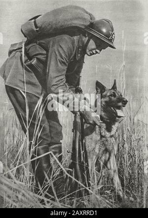 Rote Armee in den 1930er Jahren. Aus dem sowjetischen Propagandabuch von 1937. Signalmann mit Hund Stockfoto