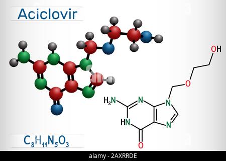 Aciclovir, Acyclovir, ACV, antivirales Mittel, C8H11N5O3-Molekül. Es wird zur Behandlung von Herpes simplex, Varicella zoster, Herpes zoster verwendet. Strukturelle Chemie Stock Vektor