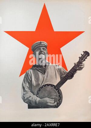 Rote Armee in den 1930er Jahren. Aus dem sowjetischen Propagandabuch von 1937. Soldat der sowjetischen Marine auf dem roten Sternenbachboden. Stockfoto