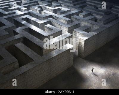 Der Mann betritt ein riesiges mysteriöses Labyrinth. 3D-Rendering Stockfoto