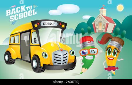Zurück zum Vektor der Schule. Mit niedlichen Zeichentrickfiguren und einem Schulbus. Hintergrund der Schullandschaft. Stock Vektor