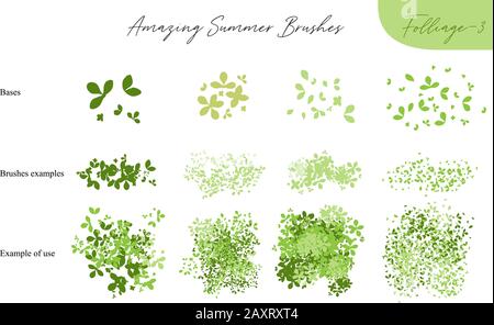 Satz von sommerlichen Vektor-Blattökologiebürsten - Silhouetten von Sommerblättern, Laub von Bäumen, verschiedene Grüntypen isoliert auf Weiß, Vektor Stock Vektor